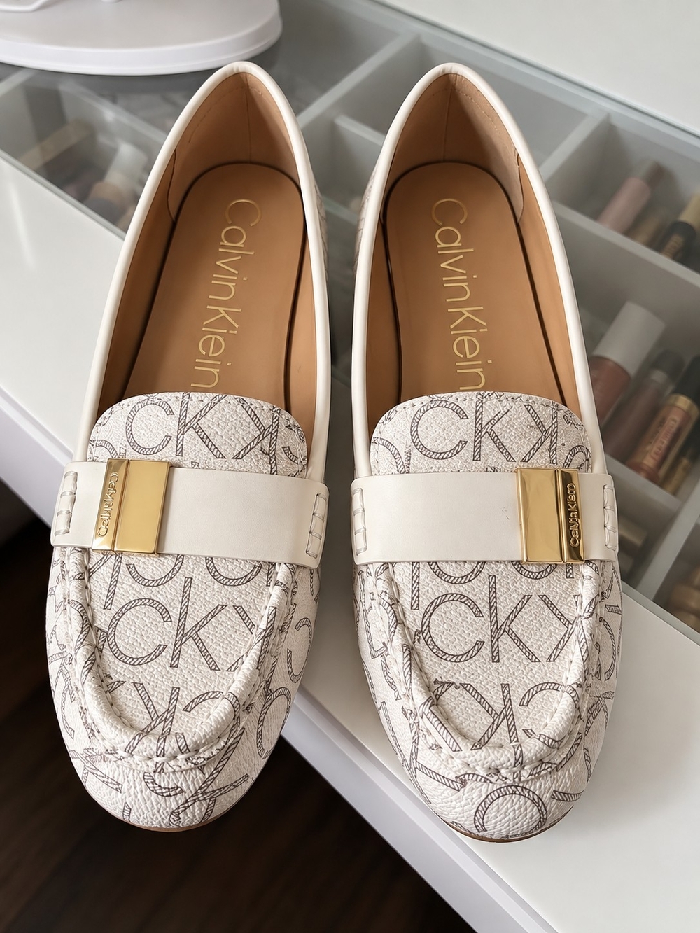 Calvin Klein Women's Cream CK Logo Loafers with Gold Hardware